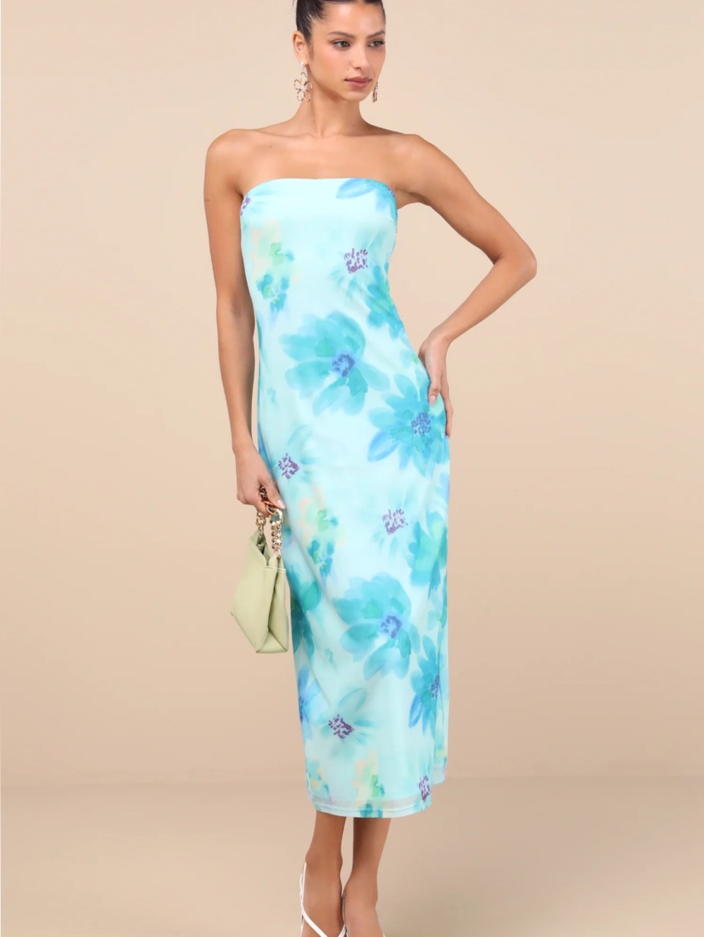 New Lulu's Jaylah Aqua Floral Fitted Strapless Midi Dress Sz Medium